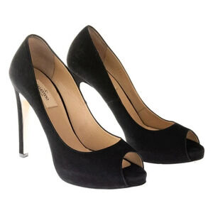 Valentino Garavani Suede Rockstud Peep Toe Pumps Black Size 8